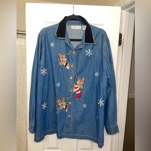 Vintage Dressbarn Embroidered Denim Jacket with Reindeer and Snowflakes